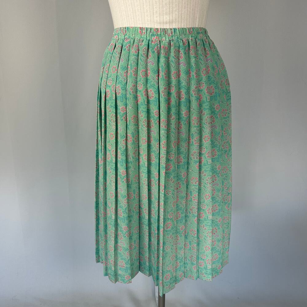 Vintage Midi Skirt Size 8 Petite 8P Teal Floral Pleated Coquette Feminine 90s